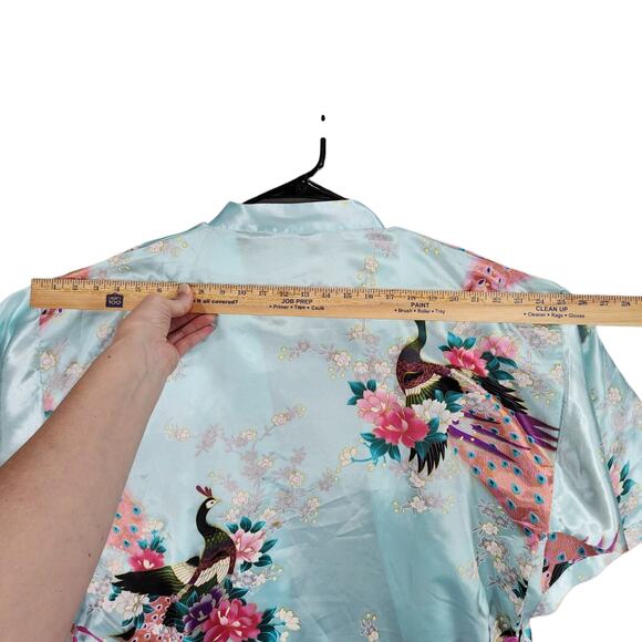 Kimono Robe OS Women Short Light Blue Pink Peach Purple Peacocks Flowers Silky - Picture 6 of 8